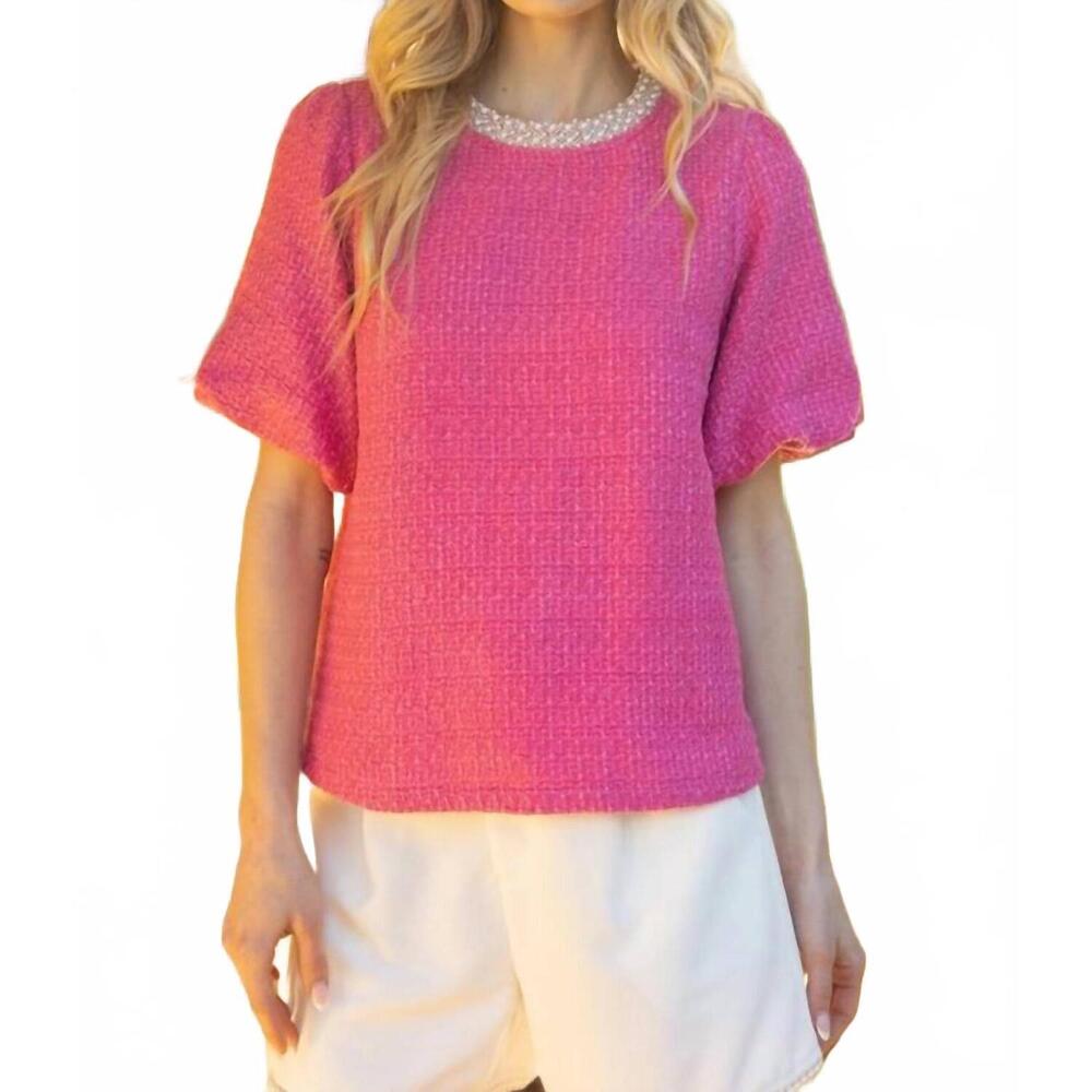 NEW VOY pearl trim detailed neck bubble sleeve tweed top in pink